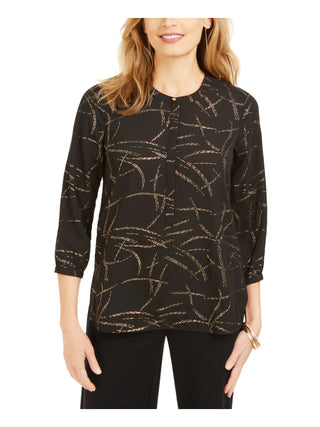 JM Collection Women's Printed 3/4 Sleeve Jewel Neck Evening Top Black - Size Petite S