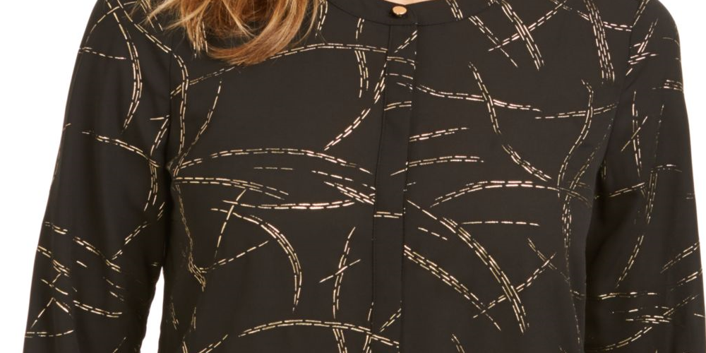 JM Collection Women's Printed 3/4 Sleeve Jewel Neck Evening Top Black - Size Petite S