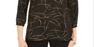 JM Collection Women's Printed 3/4 Sleeve Jewel Neck Evening Top Black - Size Petite S