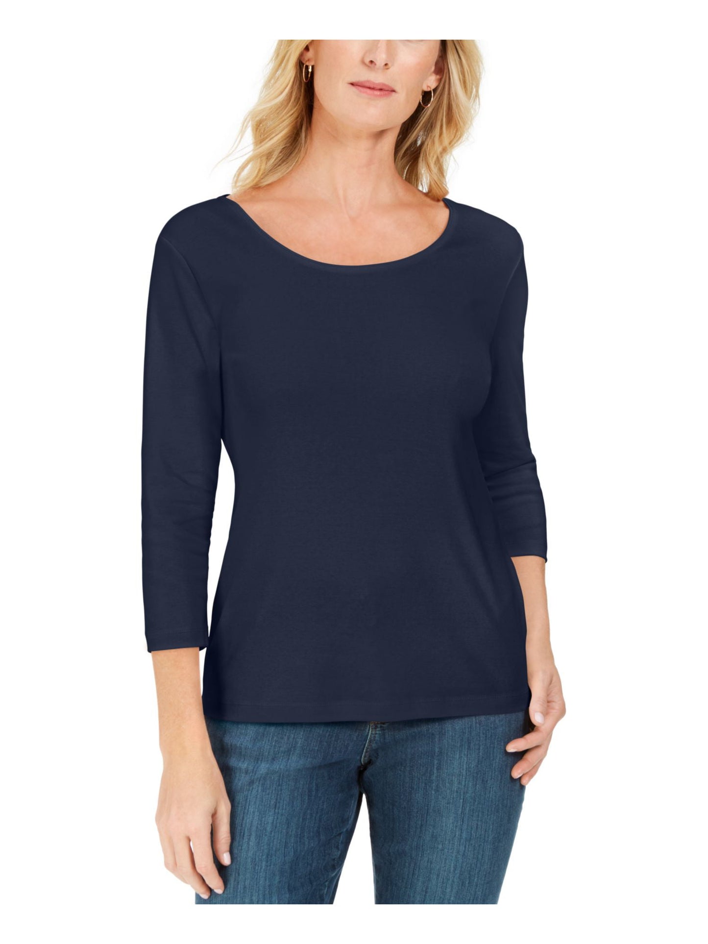 Karen Scott Women's Cotton Scoop Neck Top Navy Size Petite S/M
