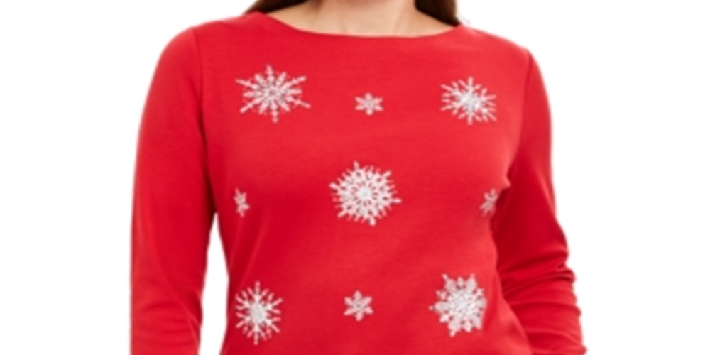 Karen Scott Women's Embellished Snowflake Top Red Size Petite L