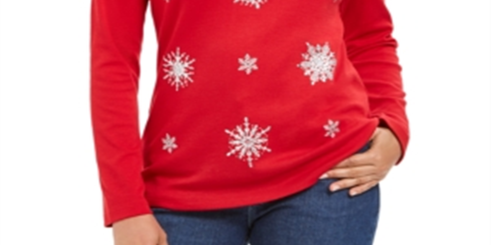 Karen Scott Women's Embellished Snowflake Top Red Size Petite L