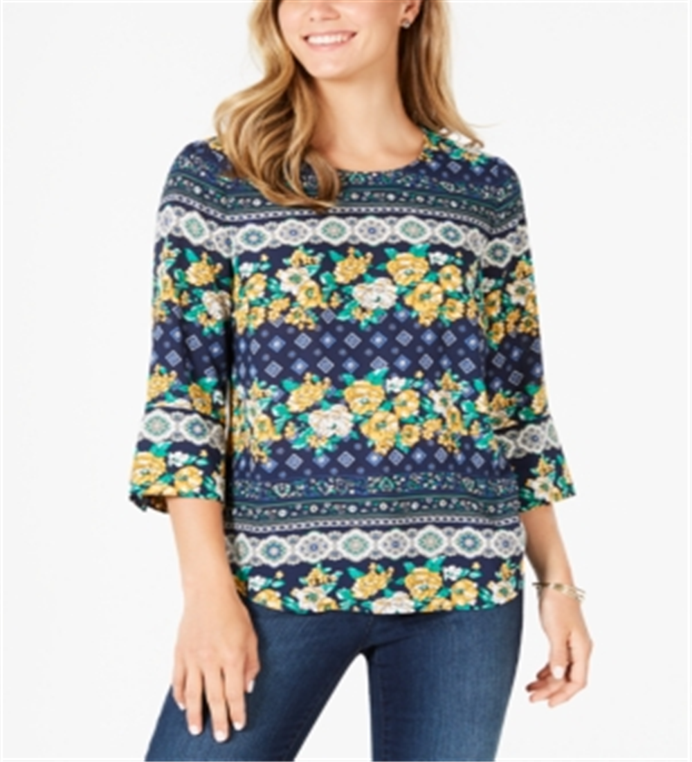 Charter Club Women's 3/4 Sleeve Printed Top Navy Combo Size Petite L