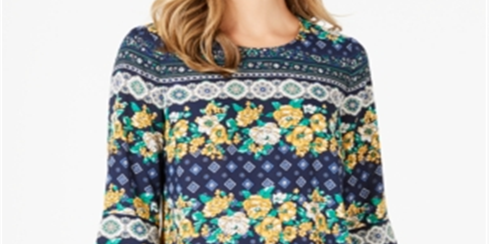 Charter Club Women's 3/4 Sleeve Printed Top Navy Combo Size Petite L