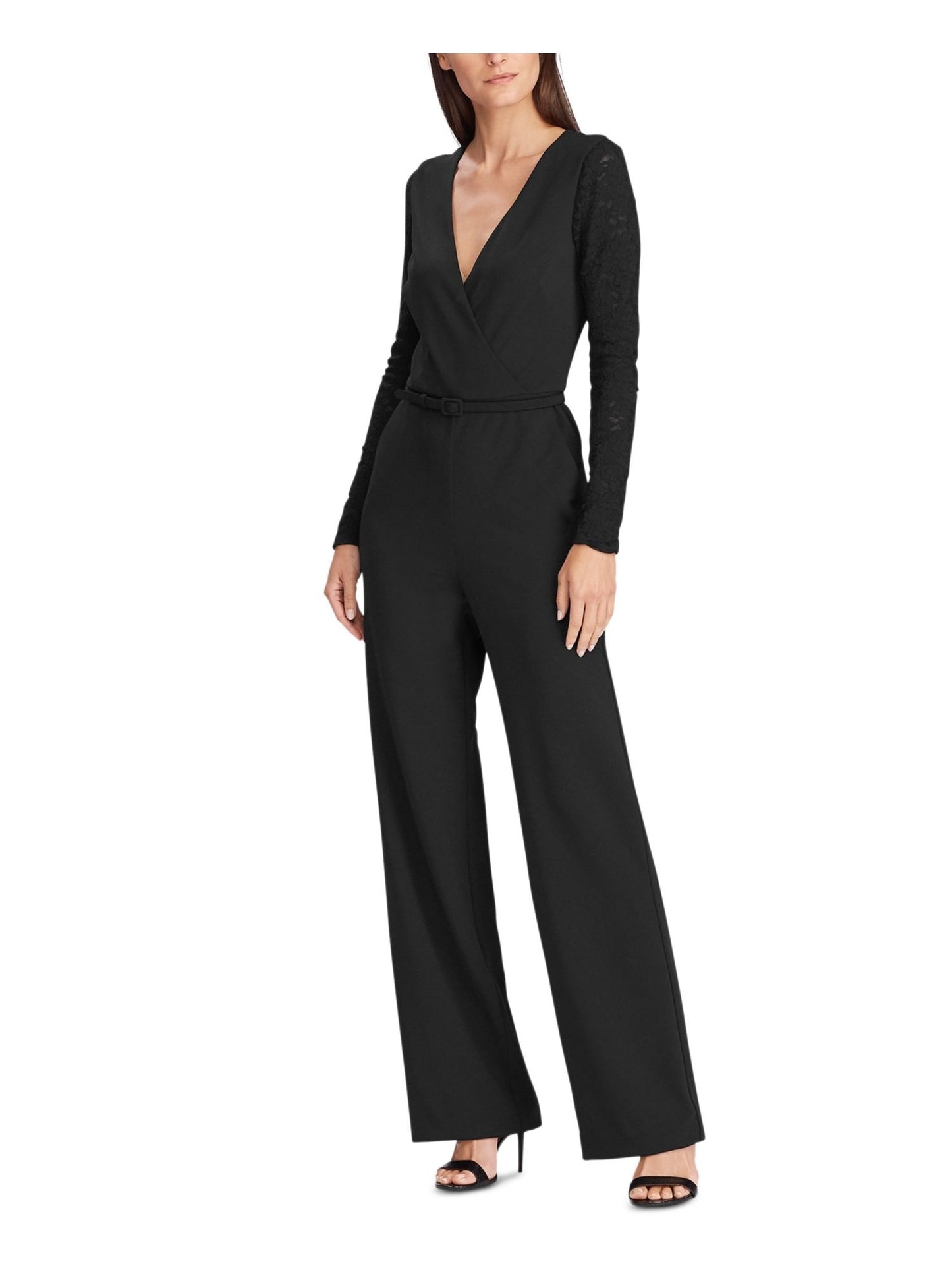 Ralph Lauren Women's Belted Long Sleeve V Neck Jumpsuit Black Size 4
