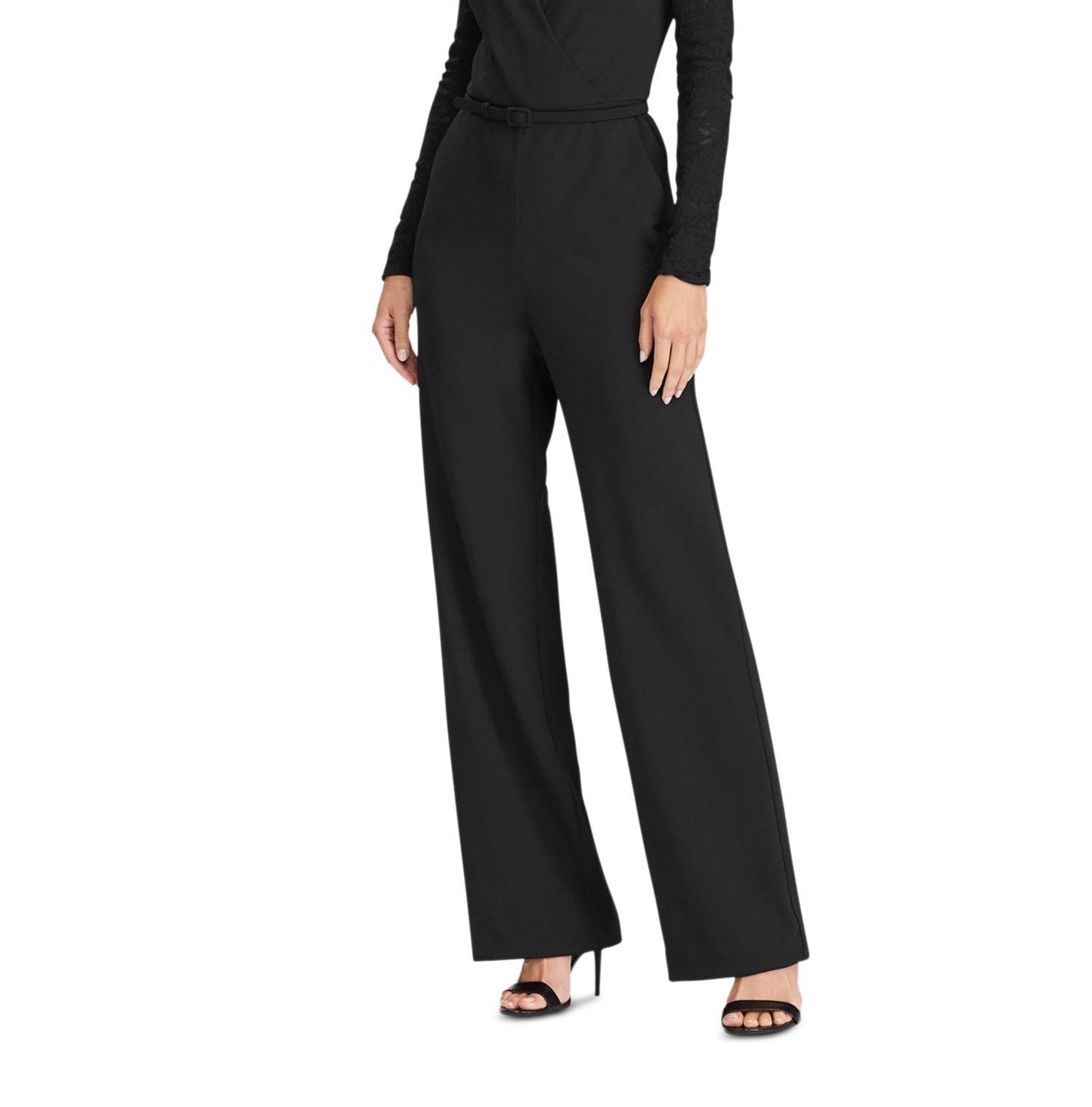 Ralph Lauren Women's Belted Long Sleeve V Neck Jumpsuit Black Size 4