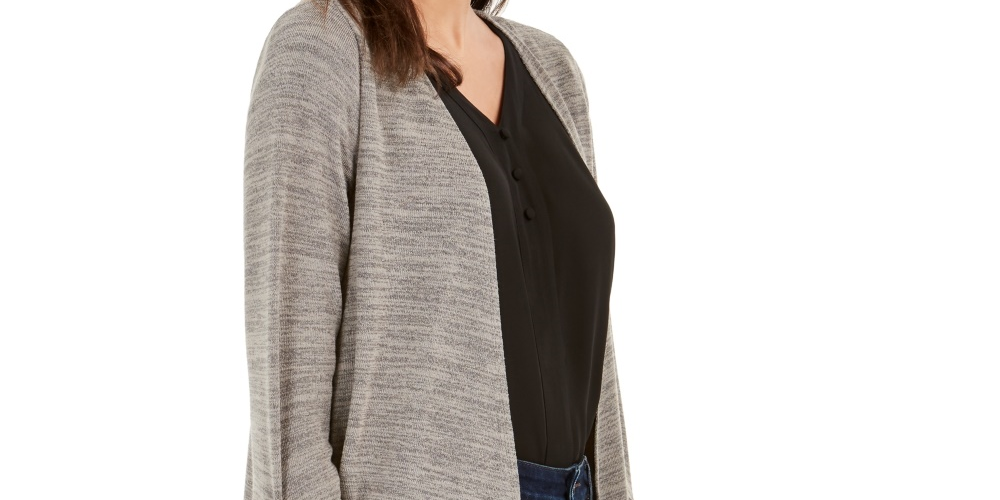 NY Collection Women's Petite Drawstring-Sleeve High-Low Sweater Gray Size Petite Small