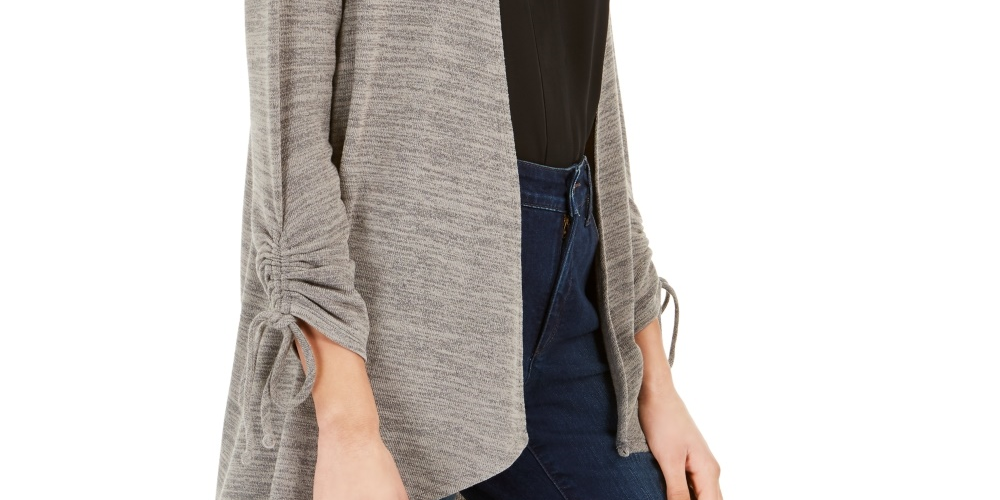 NY Collection Women's Petite Drawstring-Sleeve High-Low Sweater Gray Size Petite Small