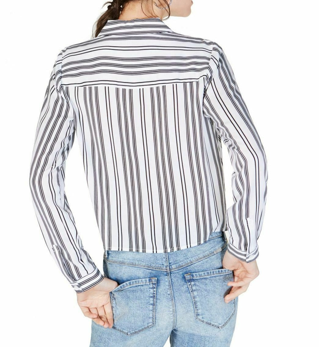 INC International Concepts Women's Pebbled Satin Tie Front Blouse Blue Size XS