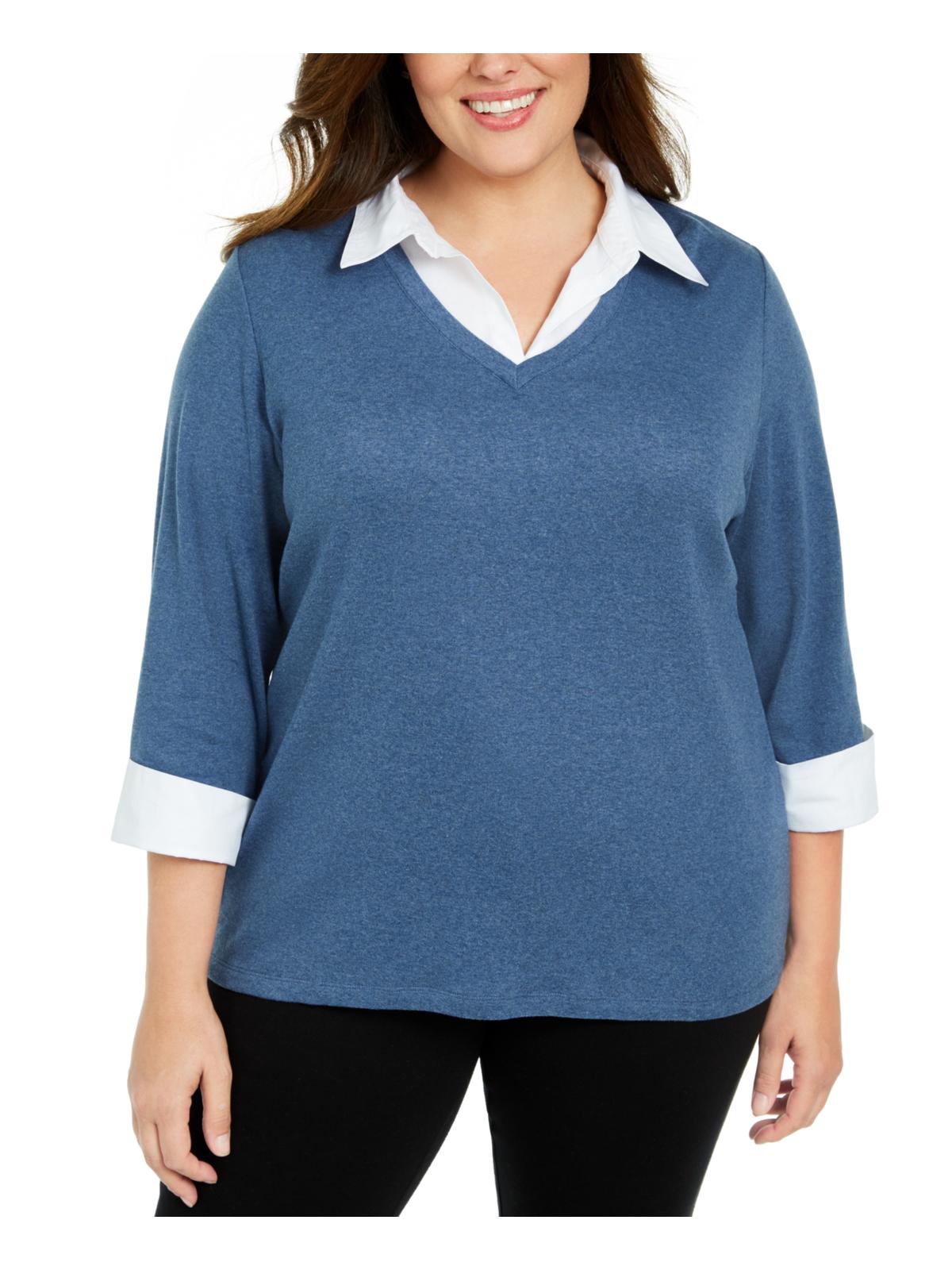 Karen Scott Women's Plus Cotton Layered Top Blue Size 0X