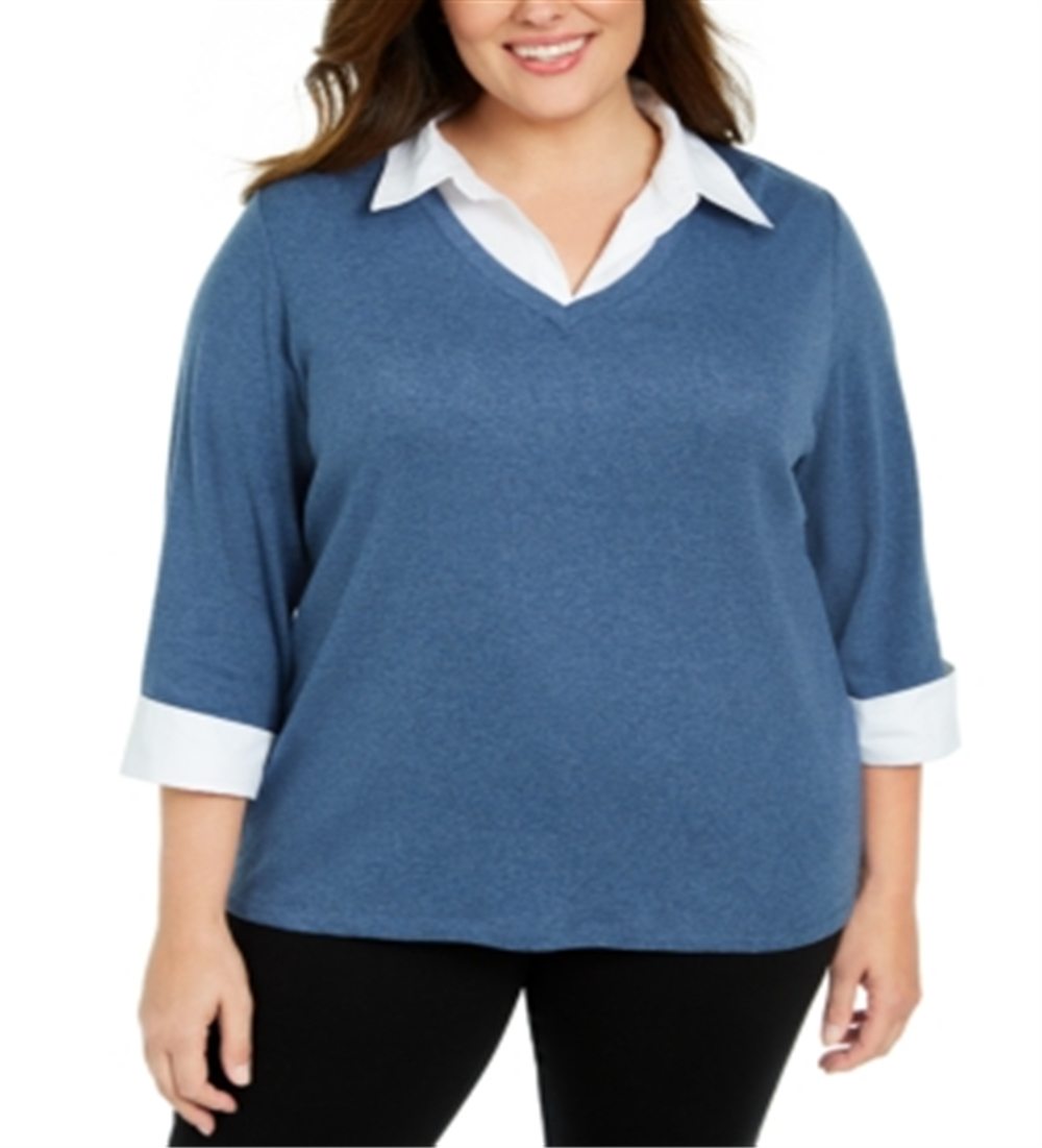 Karen Scott Women's Plus Cotton Layered Top Blue Size 0X