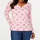 Karen Scott Women's 3/4 Sleeve Printed Henley Shirt Pink Size XS