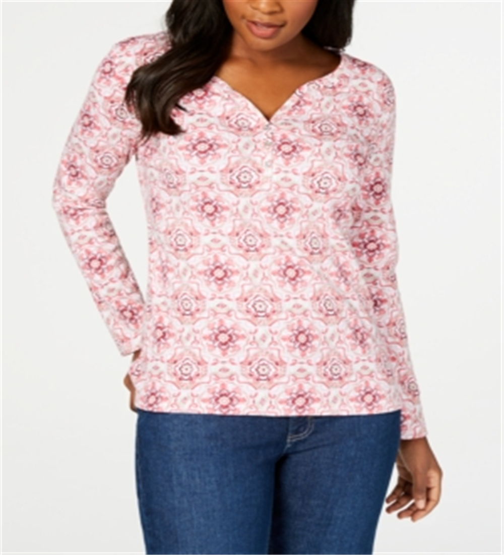Karen Scott Women's 3/4 Sleeve Printed Henley Shirt Pink Size XS