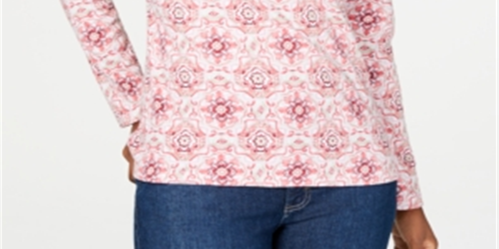 Karen Scott Women's 3/4 Sleeve Printed Henley Shirt Pink Size XS