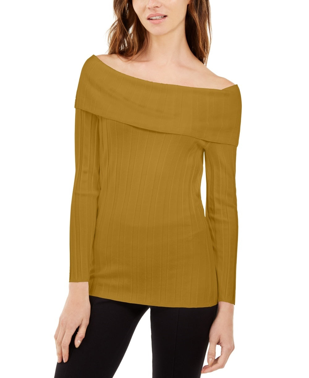 INC International Concepts Women's Off-The-Shoulder Ribbed Sweater Yellow Size Large