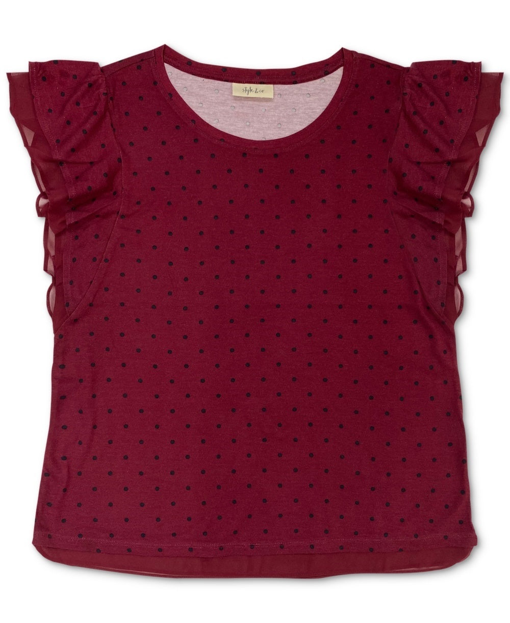 Style & Co Women's Dot-Print Flutter-Sleeve Top  Red Size Large