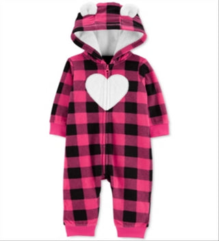 Carter's Girl's Jumpsuits Plaid Buffalo Check Heart Hooded Fleece Playsuit Pink Size 3MOS
