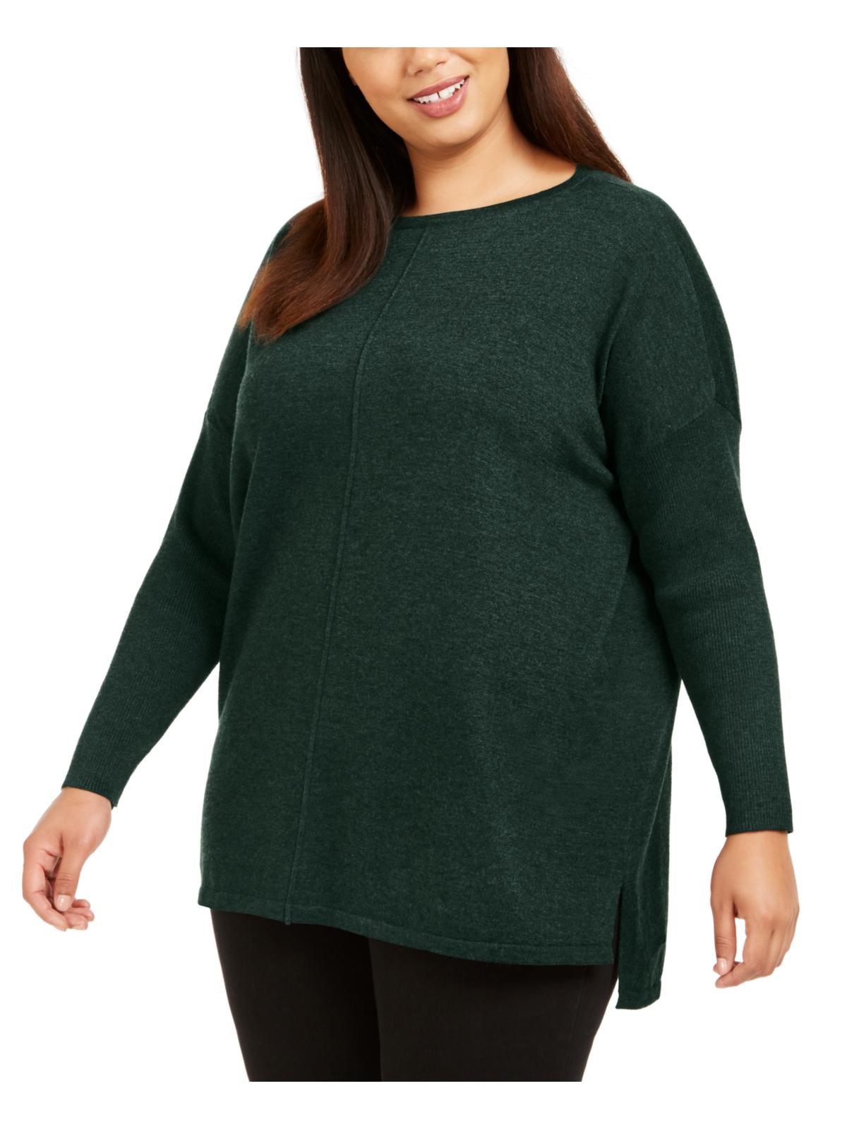 Style & Co Women's Plus Ribbed Trim Seamfront Tunic Sweater Green Size 0X