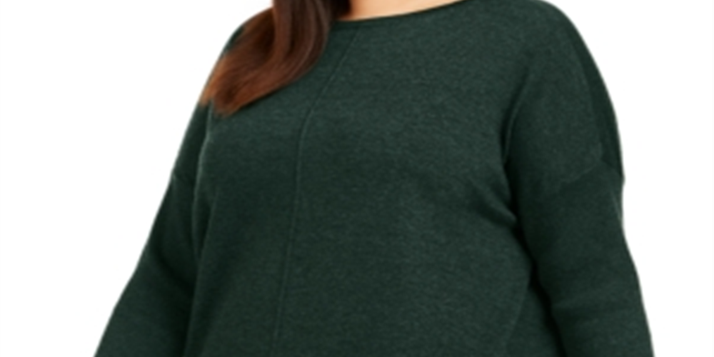 Style & Co Women's Plus Ribbed Trim Seamfront Tunic Sweater Green Size 0X