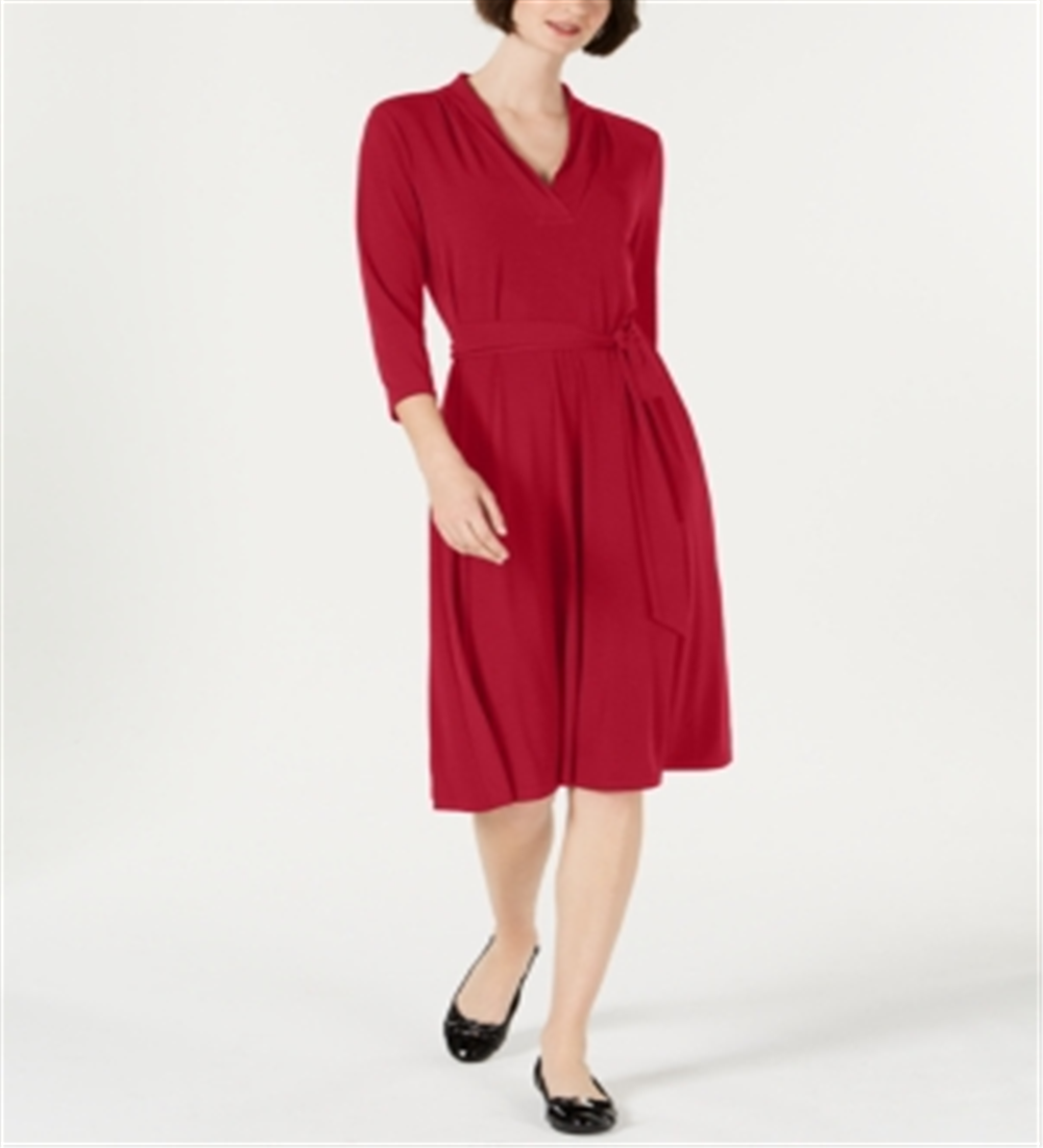 Charter Club Women's Solid 3/4 Sleeve V Neck Knee Length Trapeze Dress Red Size Petite Large