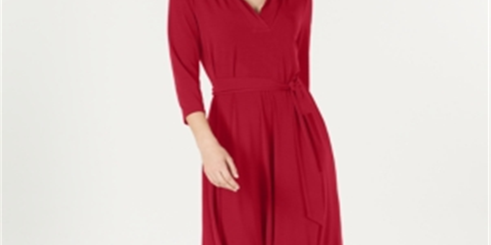 Charter Club Women's Solid 3/4 Sleeve V Neck Knee Length Trapeze Dress Red Size Petite Large