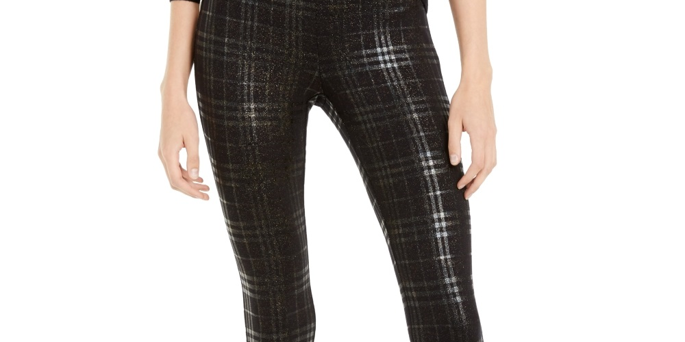 Maison Jules Women's Plaid Sparkle Leggings Black Size XX-Large