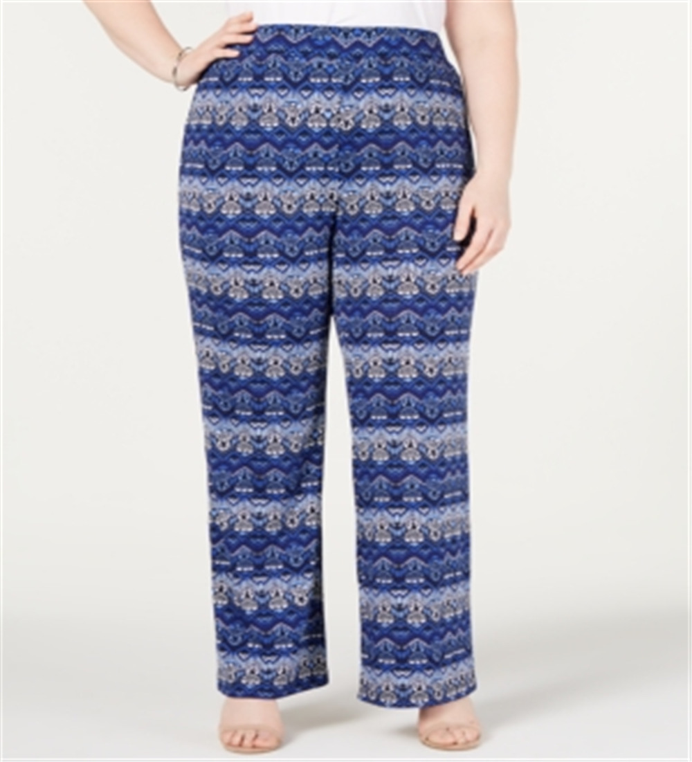NY Collection Women's Plus Printed Pull on Pants Blue Size XXXL