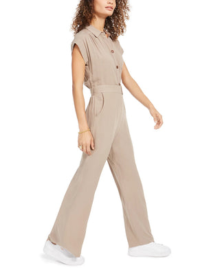 Monteau Women's Petite Button-Front Linen-Blend Wide-Leg Jumpsuit Beige PS