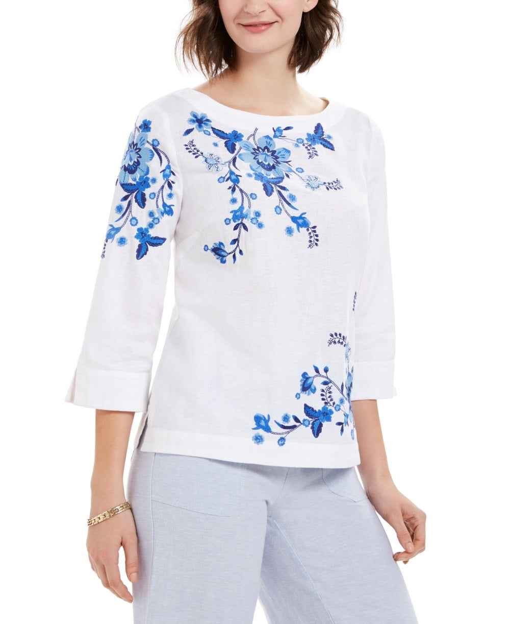 Charter Club Women's Embroidered Split-Sleeve Top Blue Size X-Small