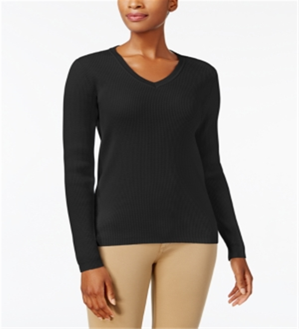 Karen Scott Women's Ribbed Knit Cotton Sweater Black Size Petite Large