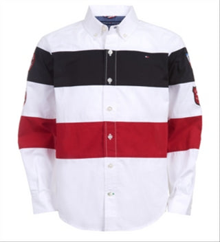 Tommy Hilfiger Big Boy's Philip Colorblocked Stripe Patch Poplin Shirt White Size L