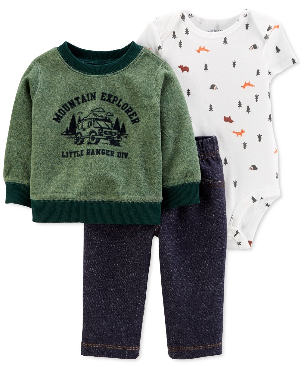 Carter's Baby Boy's 3-Pc. Mountain Explorer Top Camping-Print Bodysuit & Pants Set Green Size 18MOS