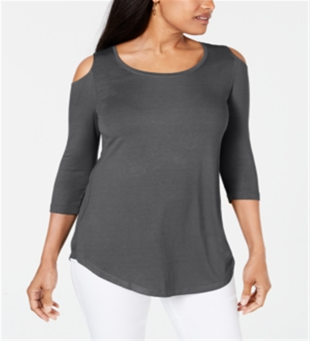 JM Collection Women's Cold Shoulder Top Charcoal  Size -Petite L