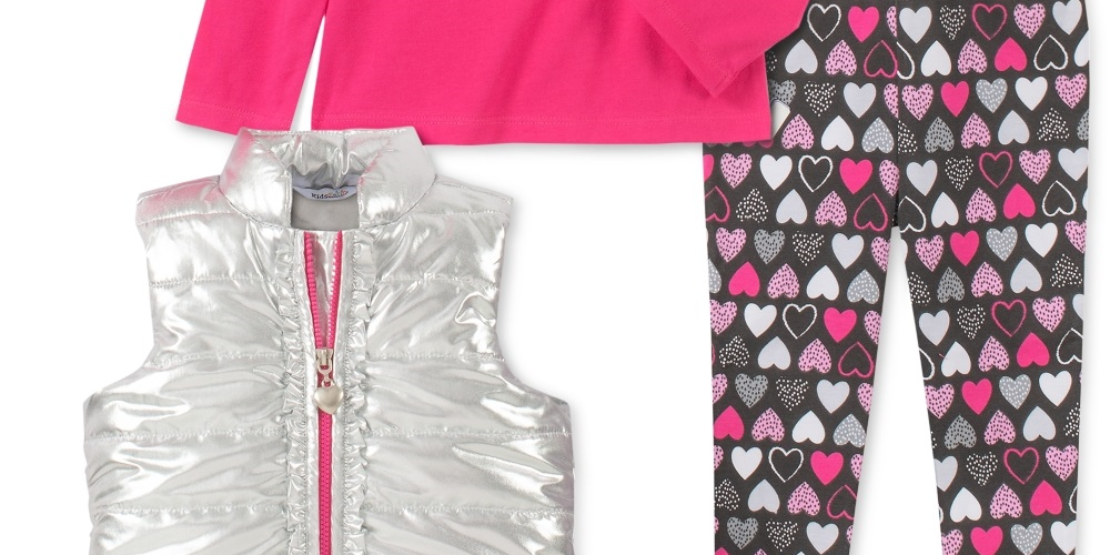 Kids Headquarters Toddler Girl's 3 Pc Metallic Vest Love Top & Printed Leggings Set Pink Size 2T
