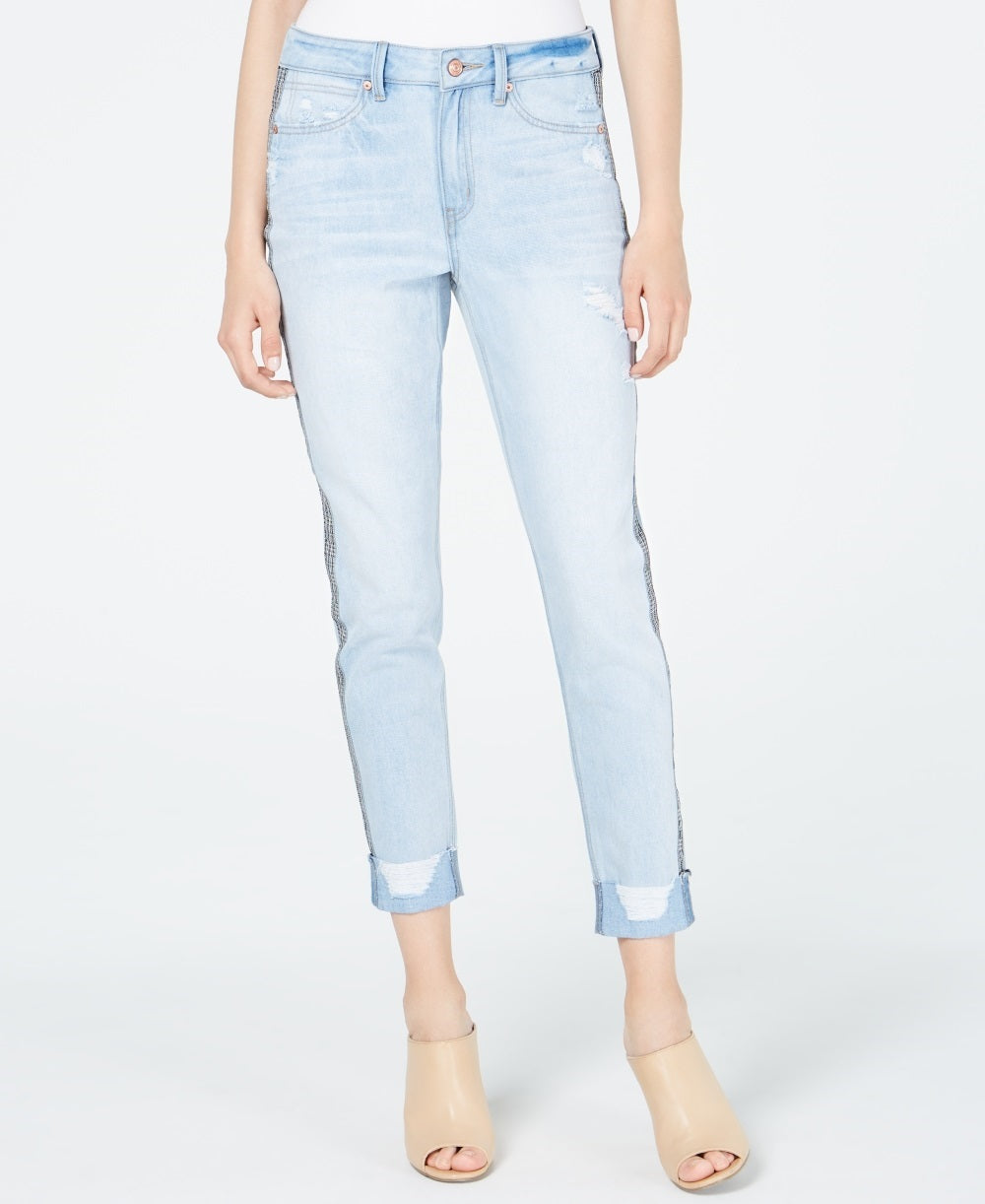 Rewash Junior's Ripped Herringbone Contrast Skinny Jeans Blue Size 11