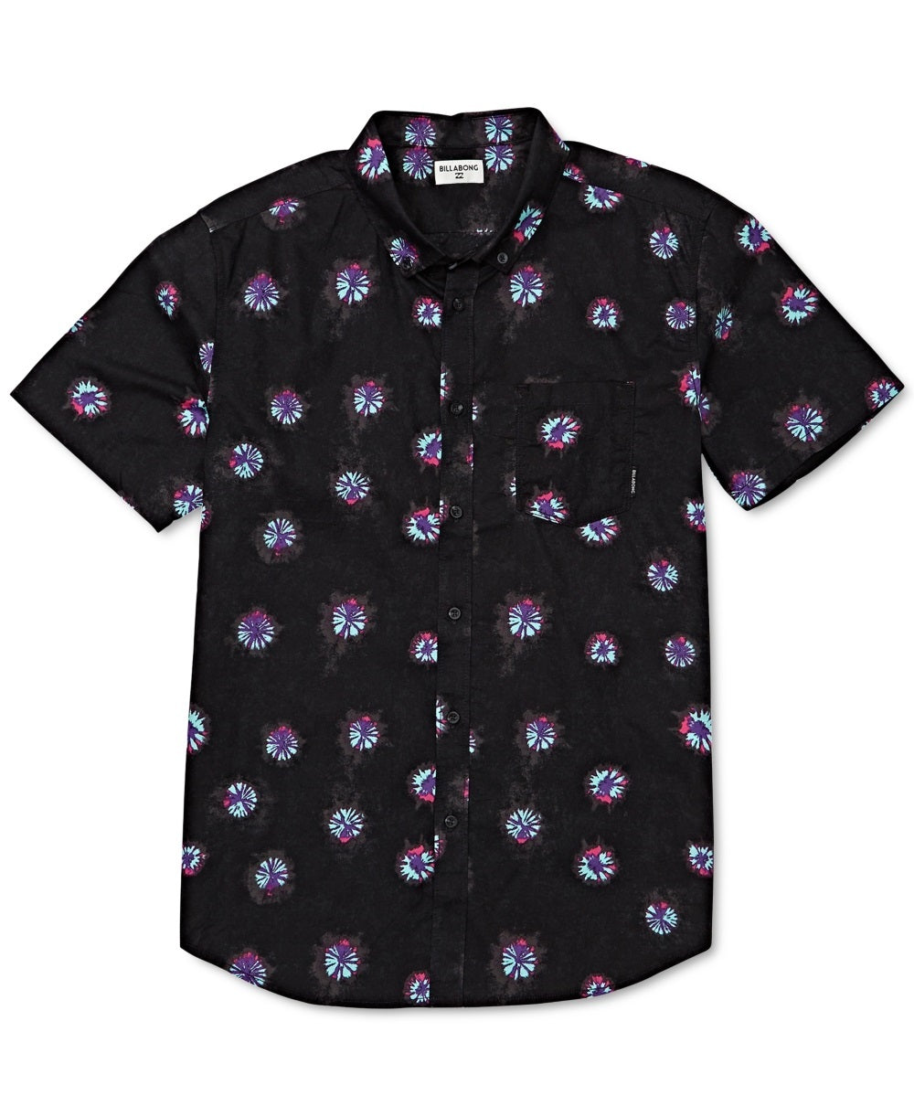 Billabong Men's Sundays Print Short Sleeve Button Down Shirt Black Size Small