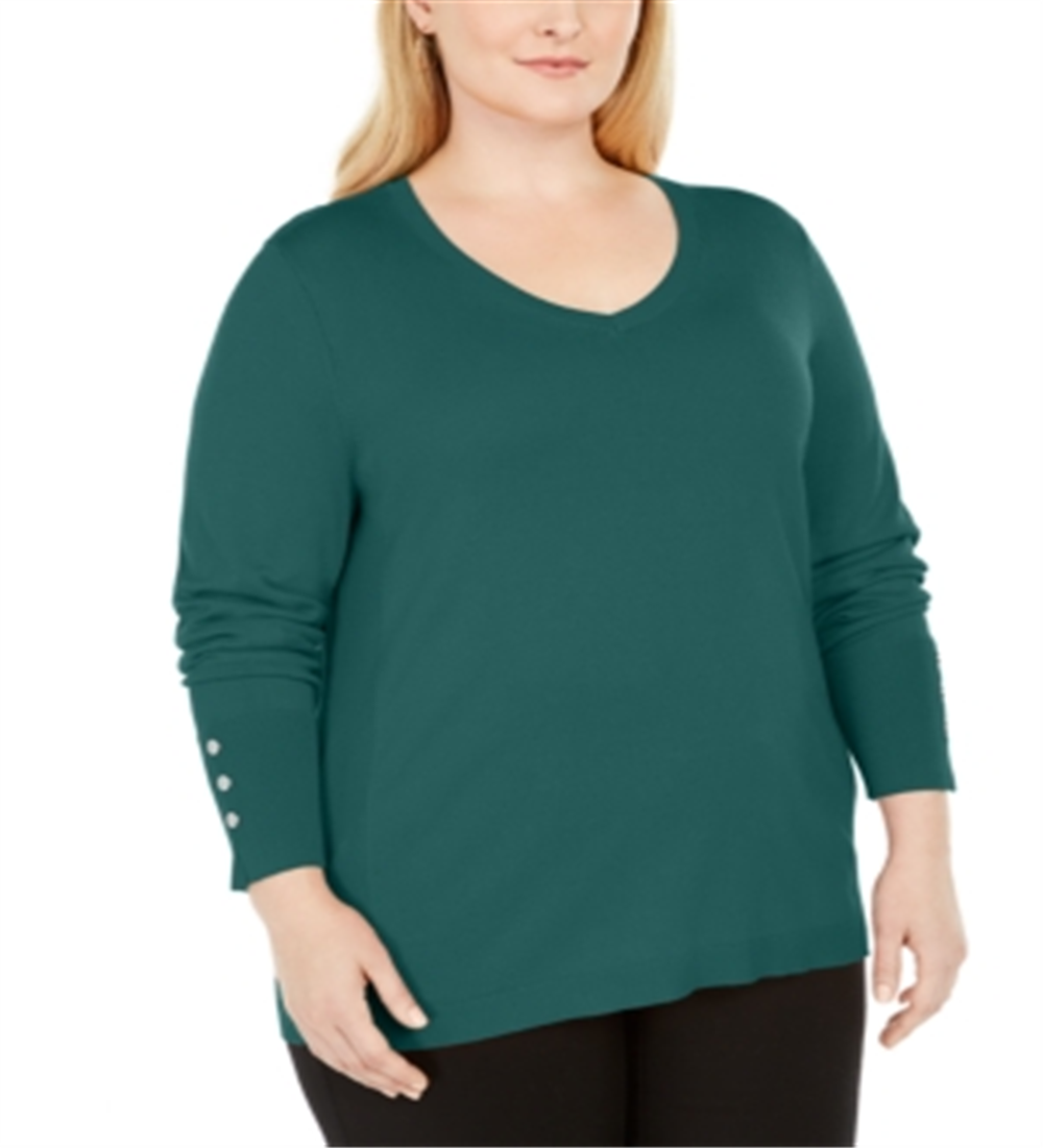 JM Collection Women's Plus Button Cuff V Neck Sweater Sequoia Size 0X
