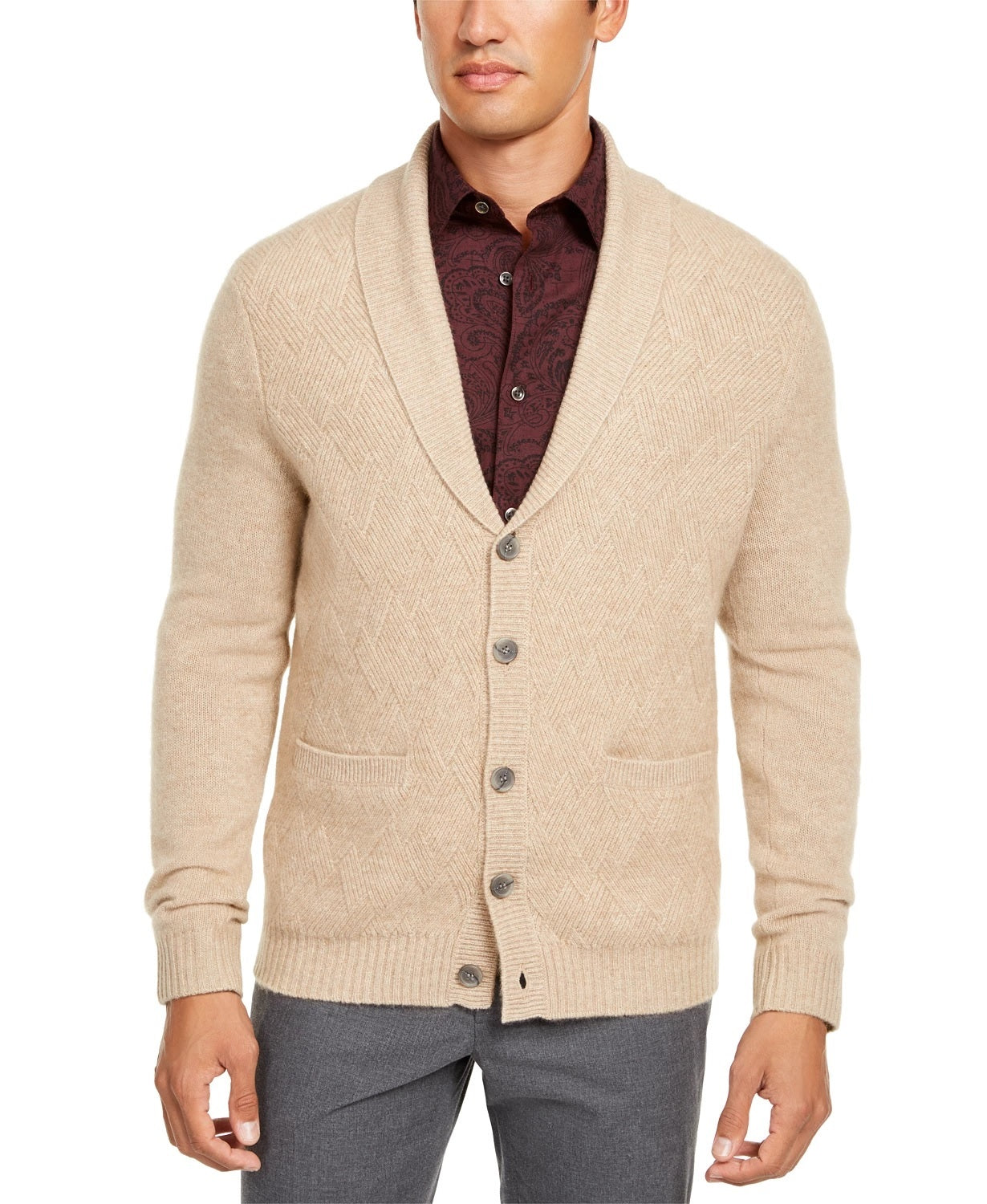 Tasso Elba Men's Cashmere Cable Knit Cardigan Sweater Brown Size XX-Large