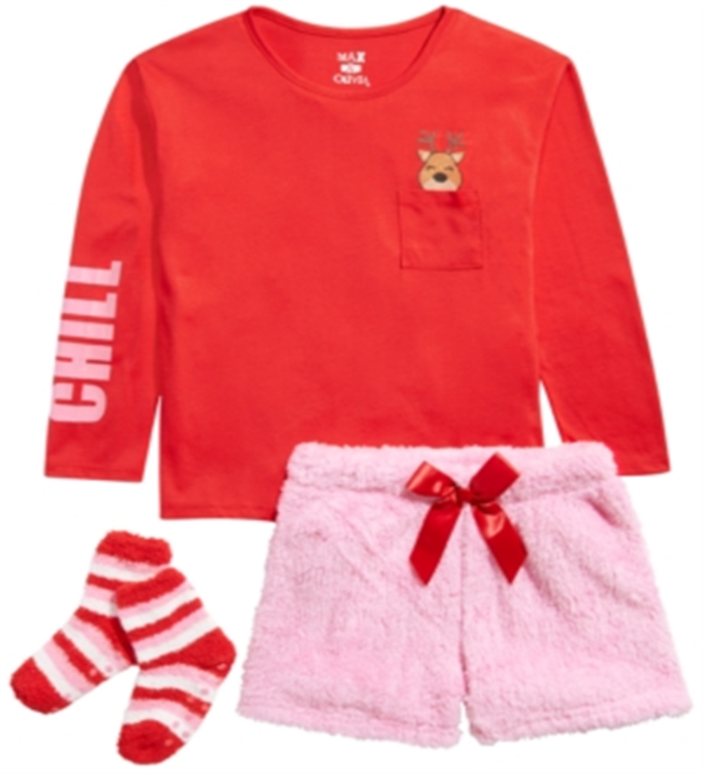 Max & Olivia Big Girl's 3 Pc Reindeer Top Faux Fur Shorts & Socks Pajama Set Red Size M(7/8)