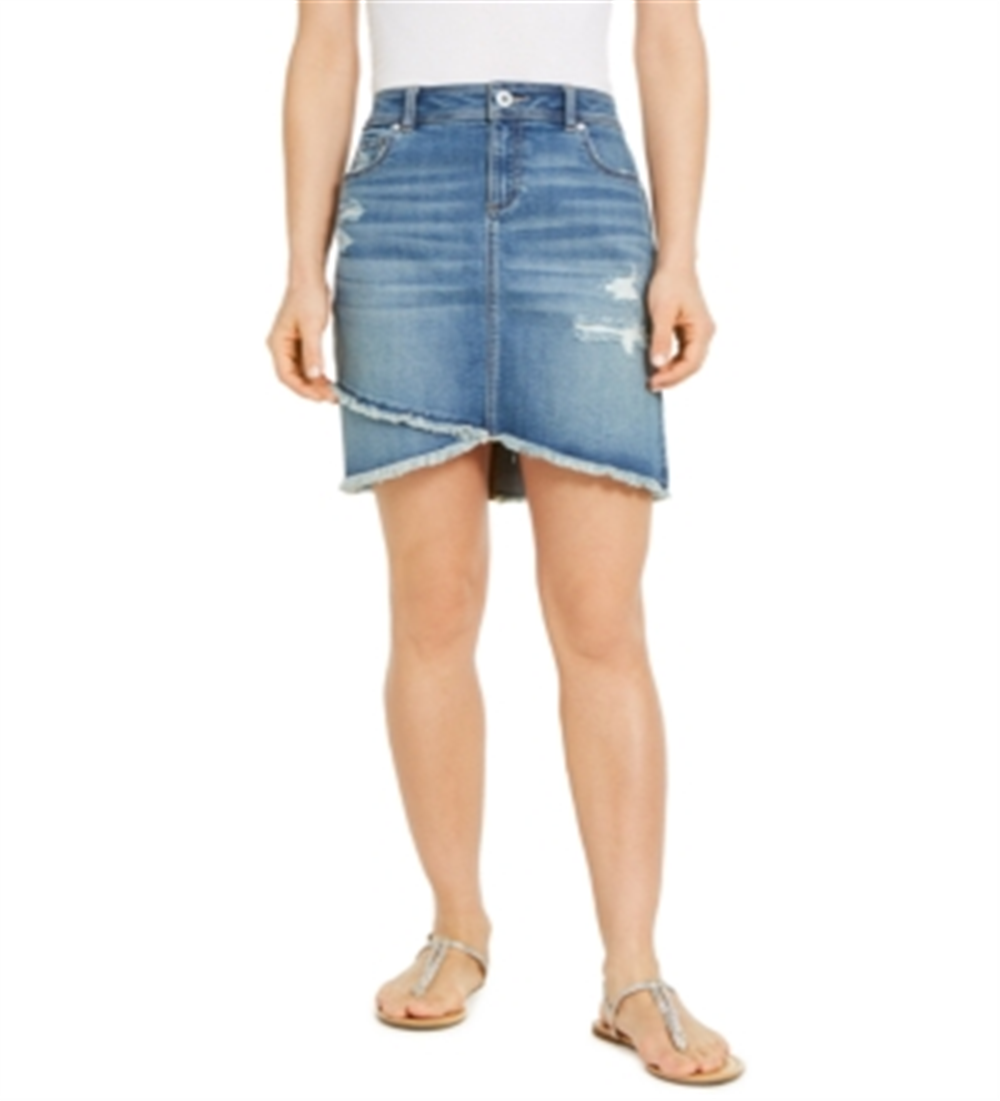INC International Concepts Women's Destructed Fray Trim CrossoverHem Denim Skirt Blue Size 0