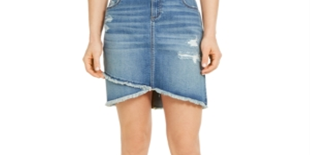 INC International Concepts Women's Destructed Fray Trim CrossoverHem Denim Skirt Blue Size 0