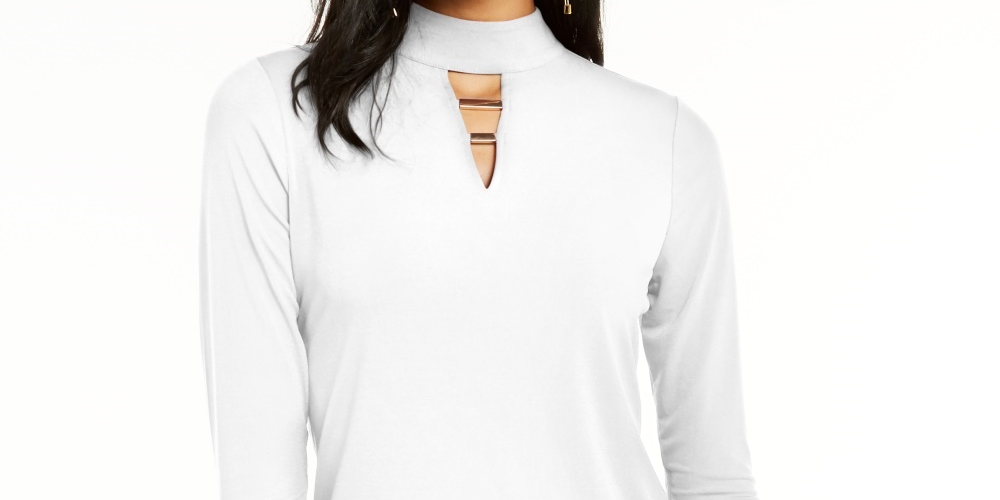 Thalia Sodi Women's Hardware Trim Mock Neck Top  White Size Medium