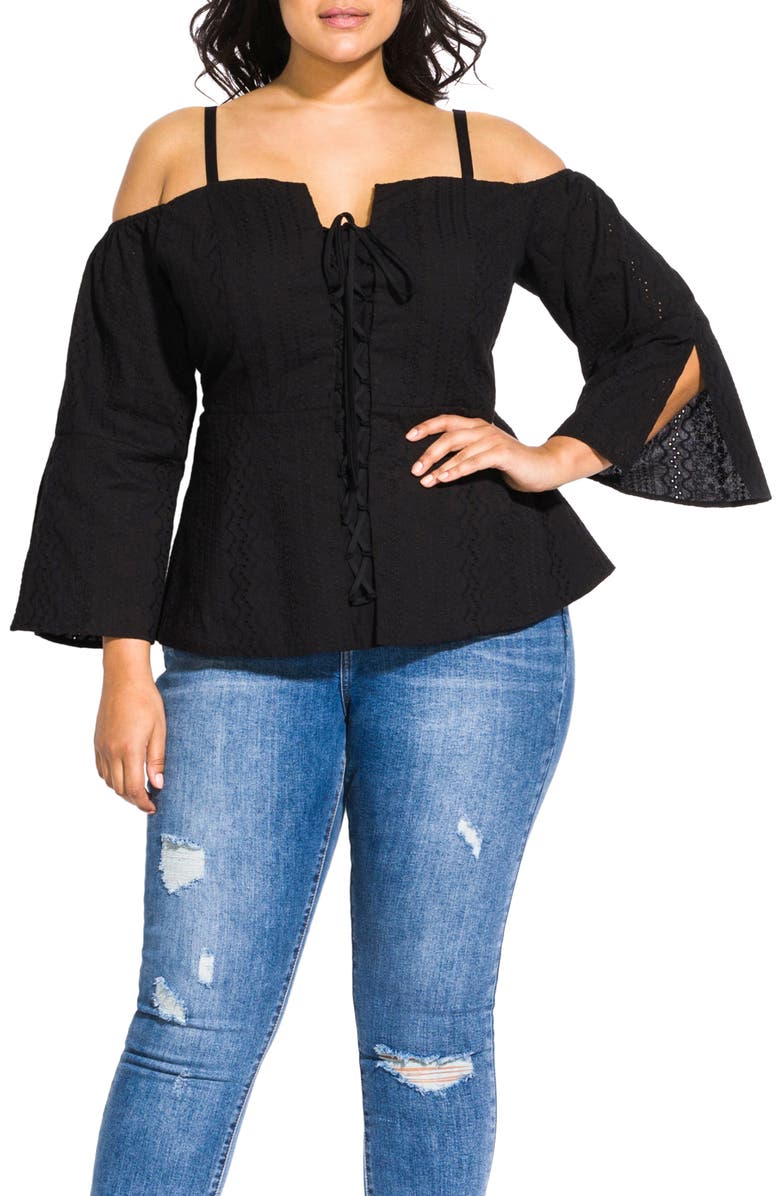 City Chic Women's Pretty Picnic Off the Shoulder Top Black Size 14W