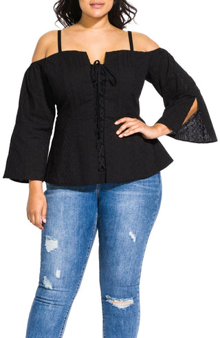 City Chic Women's Pretty Picnic Off the Shoulder Top Black Size 14W