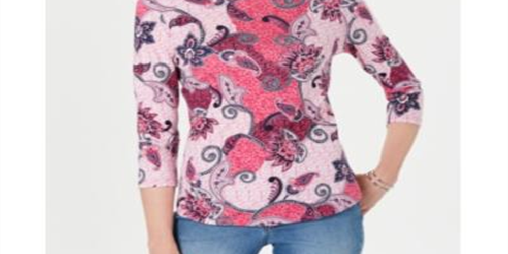 Charter Club Women's Pima Cotton Button Shoulder Print Top Pink Size Petite Small