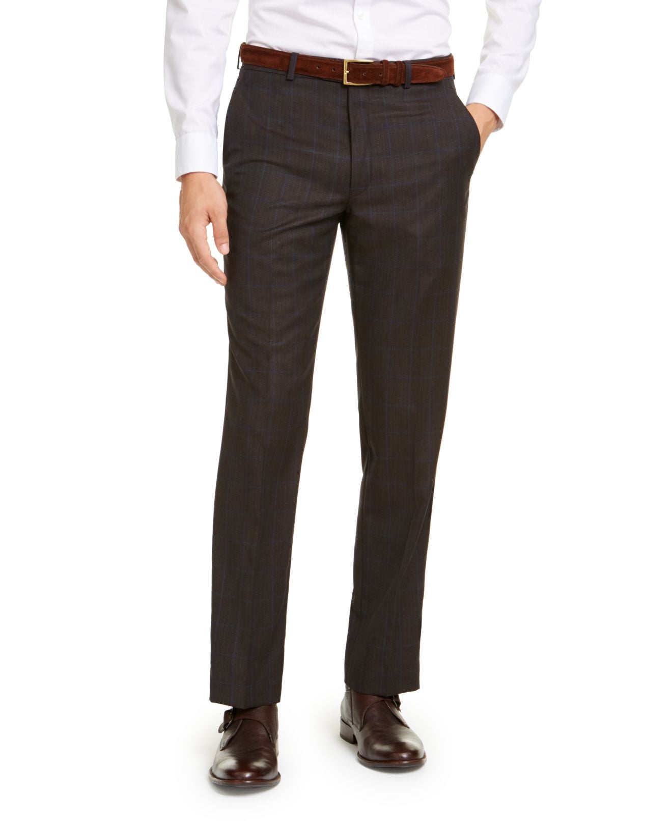 Michael Kors Men's Classic Fit Airsoft Stretch Birdseye Windowpane Suit Pants Brown Size 46X30