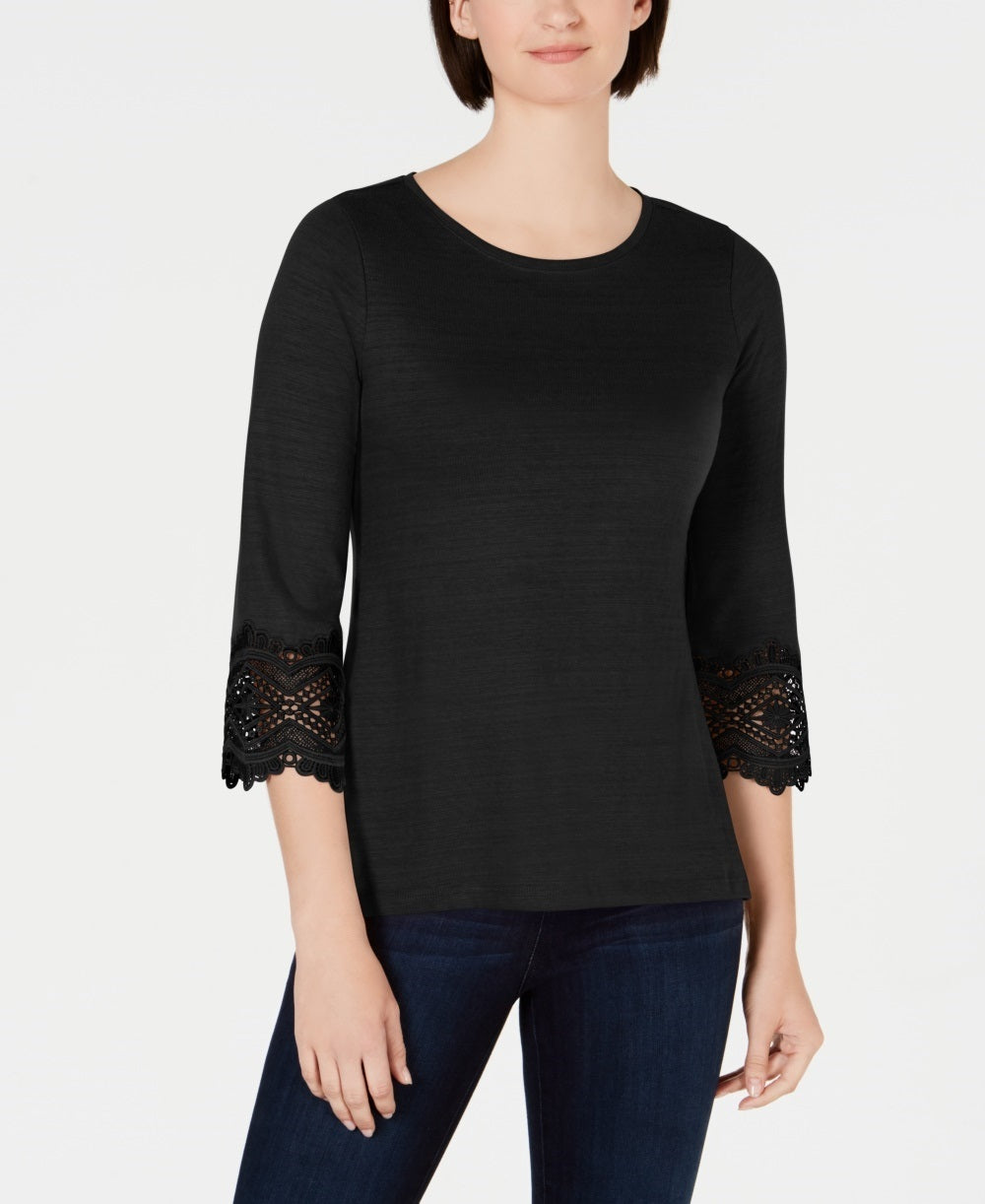 Charter Club Women's Cotton Lace-Trim Top  Black Size Small