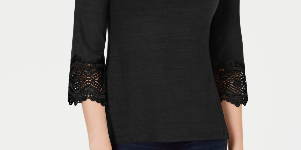 Charter Club Women's Cotton Lace-Trim Top  Black Size Small
