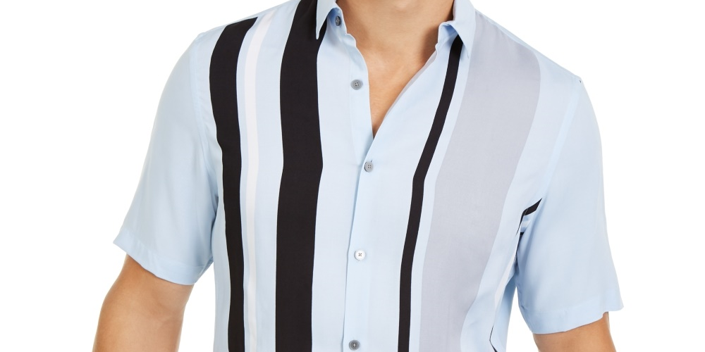 Alfani Men's Regular-Fit Bowler Stripe-Print Shirt  Blue Size Large