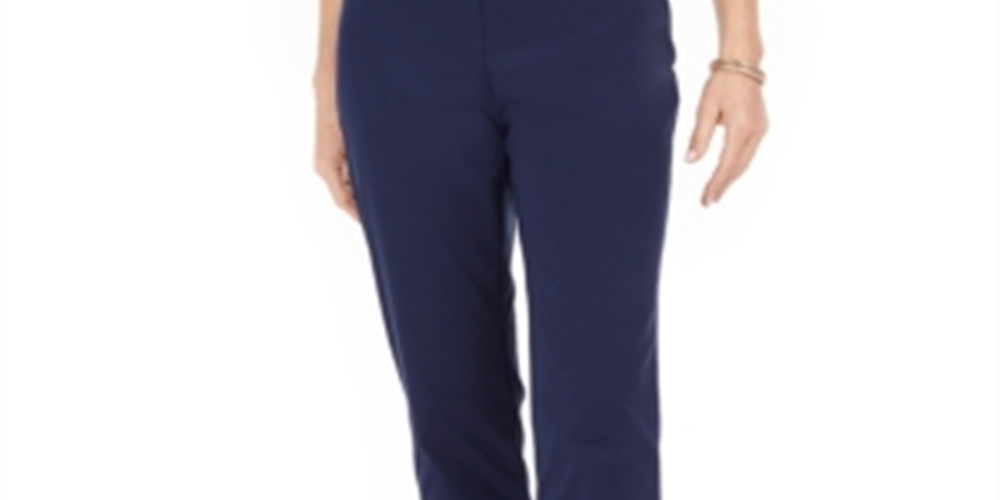 JM Collection Women's Tummy Control Snap Hem Pants Navy  Size Petite L